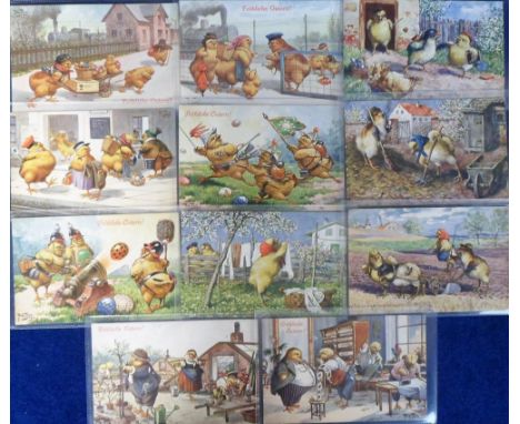 Postcards, a good Arthur Thiele illustrated selection of 11 comic cards of anthropomorphic Chicks waiting for a train with ba