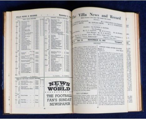 Football programmes, Aston Villa, a bound volume of home programmes 1955/56 in maroon &amp; blue board covers with gold lette
