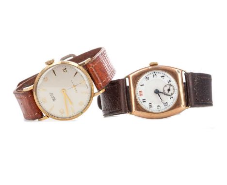 GENTLEMAN'S VERTEX REVUE NINE CARAT GOLD MANUAL WIND WRIST WATCH,the round cream dial with Arabic and wedge hour markers, out