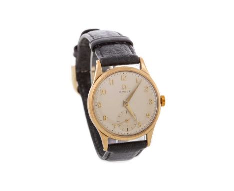 GENTLEMAN'S OMEGA GOLD CASED MANUAL WIND WRIST WATCH,the round cream dial with Arabic hour markers, outer seconds track in bl