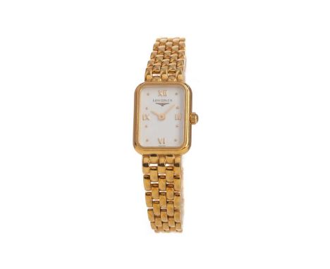 LADY'S LONGINES EIGHTEEN CARAT GOLD QUARTZ WRIST WATCH,the rectangular white dial with Roman and dot hour markers, 15mm case,