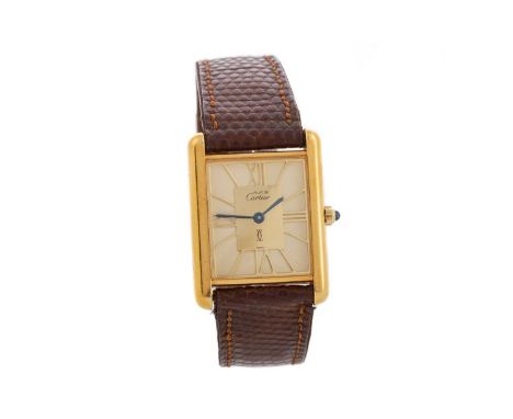 MUST DE CARTIER TANK GOLD PLATED GOLD WRIST WATCH,the square cream dial with Roman hour markers, 23mm case, on a brown Cartie