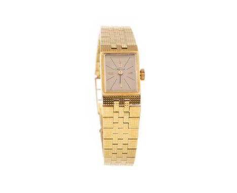 LADY'S OMEGA EIGHTEEN CARAT GOLD MANUAL WIND WRIST WATCH,the rectangular dial with baton hour markers, 14mm case, marked 18k 