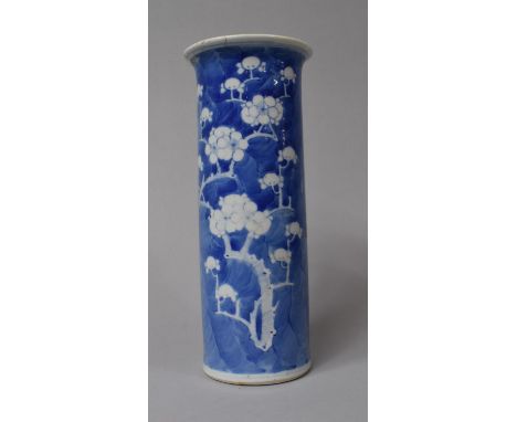 A 18/19th Century Chinese Blue and White Prunus Pattern Sleeve Vase, Four Character Mark for Kangxi to Base, Repair to Rim, 2