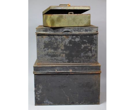 Two Vintage Black Painted Metal Deed Boxes and a Cash Tin 