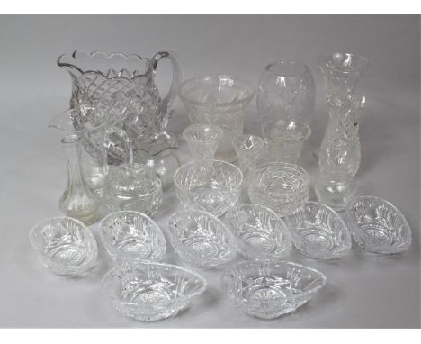 A Collection of Various Moulded and Cut Glass to comprise Large Pitcher, Vases, Egg Shaped Dishes Etc 