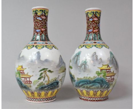 A Pair of Chinese Republic Period Bottle Vases Decorated with Exterior Village Scene, Red Seal Mark to Base, 22cm high 