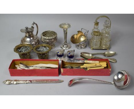 A Collection of Various Metalwares to comprise Silver Plated Helmet Shaped Sugar Bowl and Shovel, Jug, Cruet (Glass AF), Silv