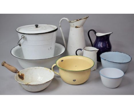 A Collection of Vintage Enamelled Kitchen Items to Include Ewer, Bowls, Buckets, Jugs etc 