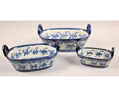 A Graduated Set of Three Blue and White Reproduction Ceramic Baskets, The Largest 23cm wide 