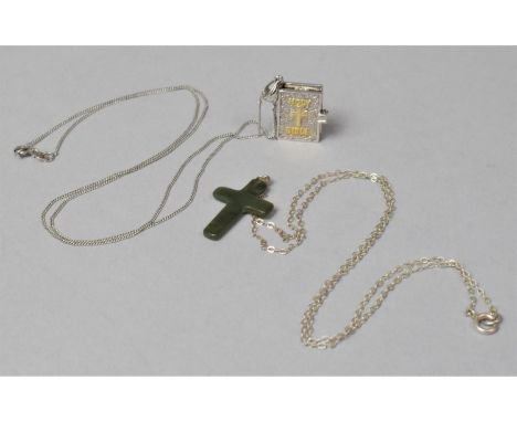 A Silver Pendant in the Form of a Bible, Which Opens to Reveal Psalm 23 Together with a Jade Crucifix on Silver Chain 