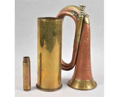 A Military Copper Bugle and Two Brass Shell Cases, Taller Dated 1917 and Smaller 1941 