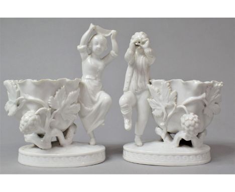 A Pair of Copeland Spode Blanc De Chine Fruit Encrusted Baskets Decorated Boy Playing Horn and Girl Dancing, 16cm high 