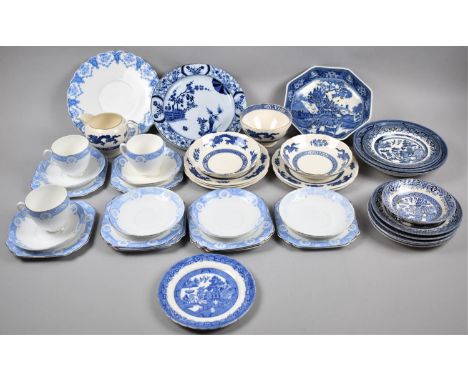 A Collection of Blue and White Teawares, Plates, Saucers, Cream Jug etc 