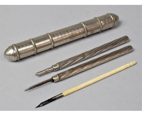 A White Metal Cylindrical Pen Case Containing Ivory Dip Pen, Knife for Trimming Quill and Reversible Pen/Pencil 