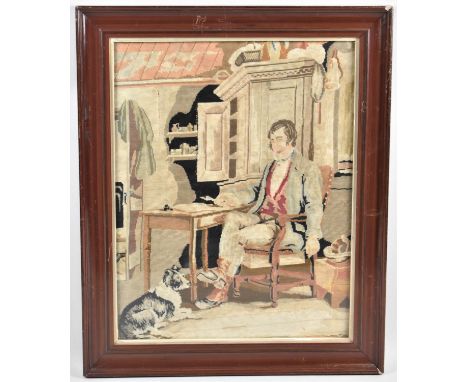 A Framed 19th Century Tapestry Depicting Seated Gent with Dog at Feet, 28x36cm 