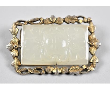 A Carved Rectangular Jade Pendant Set in Gilt Metal Frame, 4cm Long 