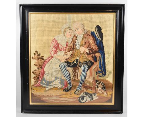 A 19th Century Ebonised Framed Tapestry Depicting Elderly Seated Scottish Gent and His Wife, 50x56cm 