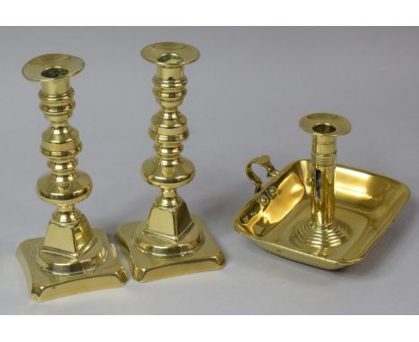 A Pair of Late Victorian Brass Candlesticks Together with a Brass Bedchamber Stick with Rectangular Tray 