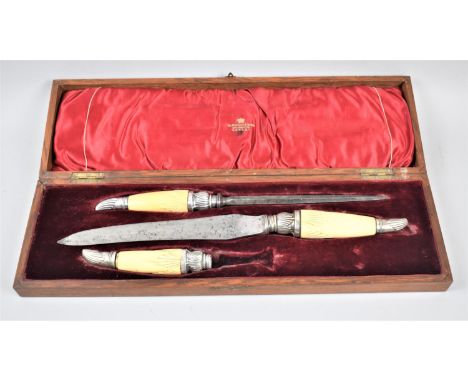 A Mahogany Cased Late 19th Century Three Piece Carving Set with Ivory Handles, Carving Fork AF, 45.5cm Long 