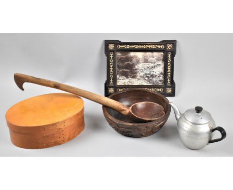 A Vintage Wooden Spoon, 39cm Long, British Empire Exhibition Aluminium Teapot, Carved African Bowl, Oval Oriental Box and a G