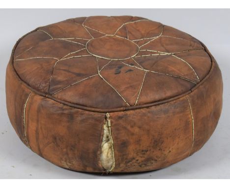 A Vintage Circular Leather Foot Stool In Need of Some Restiching, 60cm Diameter 