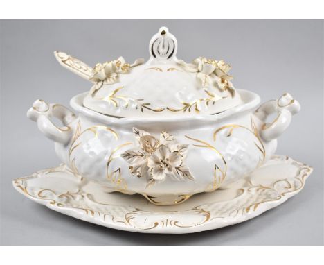 A Mid 20th Century Continental Creamware and Gilt Decorated Two Handled Lidded Tureen with Ladle and Tray Decorated with Flow