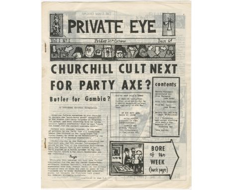 PRIVATE EYEPrivate Eye, vol. 1 no. 1, PRINTED ON WHITE PAPER,  6pp., illustrations, stapled as issued (with light rust marks)