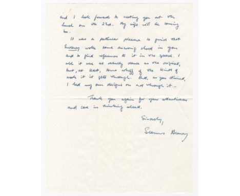 HEANEY (SEAMUS)Autograph letter signed ('Seamus Heaney') to Brian Stone of the Open University ('Dear Brian Stone'), approvin