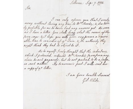 WHITE (GILBERT)Autograph letter signed ('I am your humble servant,/ Gil: White') to William Richardson ('Sir') of Mill-land, 
