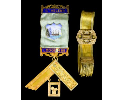 An 18ct gold and enamel Masonic Past Masters Jewel from Lodge No. 488, suspended from an 18ct gold and enamel bar "St Helena"
