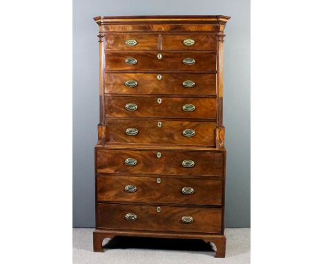 A late George III "Channel Islands" mahogany tallboy, the upper part with moulded cornice with inlaid dentil pattern frieze, 