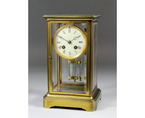 A late 19th Century French brass and perspex cased "Four Glass" mantel clock No.2120, the 2.75ins diameter re-painted dial wi