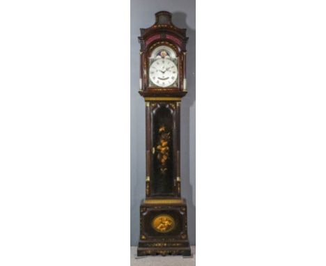 An 18th Century painted mahogany Automaton longcase clock by Edward Mann of London, the 12ins silvered dial with Roman and Ar