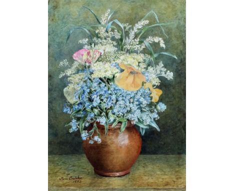 Jane Costeker (19th/20th Century) - Watercolour - Still life of flowers in ceramic pot, 15ins x 11ins, signed and dated 1885,