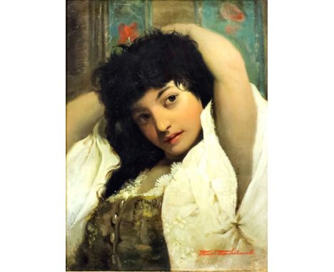 Heinrich Hans Schlimarski (1859-1913) - Oil painting - "The Young Italian Girl" - Shoulder length portrait of dark haired you