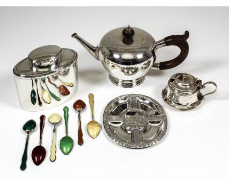 A George VI silver bachelors bullet pattern teapot with wood finial and C-scroll handle, on moulded footrim, 3.75ins high, by