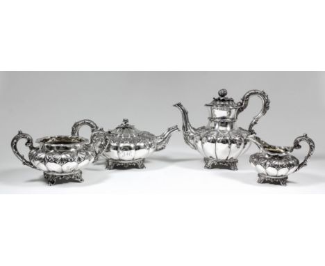 A George IV and William IV harlequin silver four-piece tea and coffee service of circular squat form, with moulded rims, the 