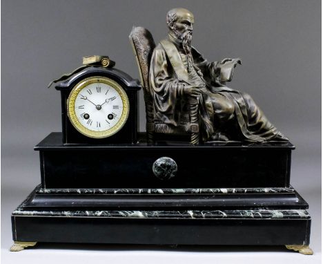 A late 19th Century French black slate green veined marble and bronzed spelter mantle clock, the 3ins diameter white enamel d