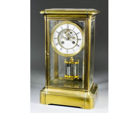 A late 19th Century French brass cased "Four glass" mantel clock by S. Marti No. 380 27, the 4.5ins diameter white enamel cha