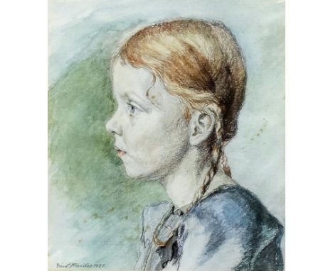 Ernst Haider (1890-1988) - Watercolour - Profile portrait of young girl with pigtails, 7ins x 6ins, signed in pencil and date