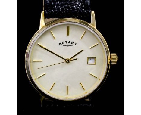 A gentleman's 9k gold cased rotary wristwatch, the champagne dial with baton numerals and date aperture to the quartz movemen