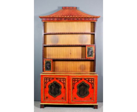 A 1920s/30's red Japanned dresser in the "Chinese Chippendale" manner, the whole decorated in gilt with chinoiseries, the upp
