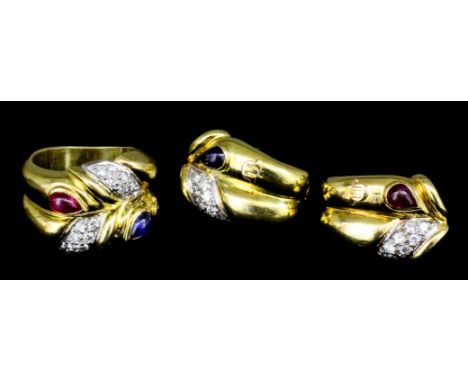 A modern Maurice Lacroix 18ct gold mounted sapphire, ruby and diamond set ring, the face set with a leaf pattern cut cabochon