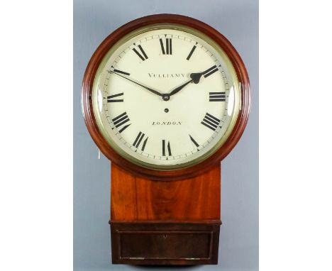 A good William IV mahogany chisel based drop dial wall clock by Vulliamy of London, No. 1011, the 12ins diameter painted wood