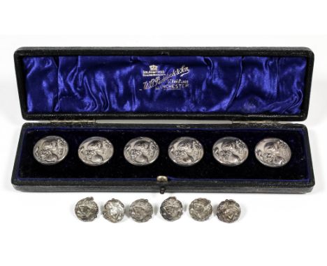 A set of six Edward VII silver circular buttons embossed with a shoulder length profile of a young girl, each 1in diameter, b