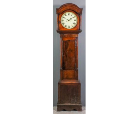 A 19th Century "Scottish" mahogany longcase clock, the 13ins diameter painted metal dial with Roman numerals, to the eight da