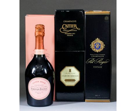 @Three bottles of Laurent-Perrier "Cuvee" Rose Champagne, three bottles of Pol Roger 2000 "Extra Cuvee de Reserve" Vintage Ch