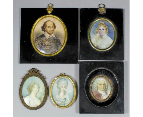 A late 19th/early 20th Century Continental school - Four miniature oval portraits - "Emily Bronte", 3.25ins x 2.5ins, "George