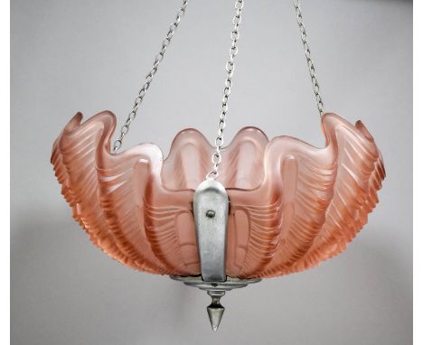 A 1930's pink frosted glass and chrome mounted circular ceiling light of moulded shell pattern with wavy rim, 12ins diameter 